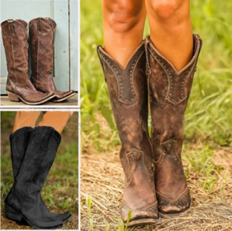 Sh10296a Vintage Pointed Toe Western Cowboy Boots Women Low Heel Boots Girl